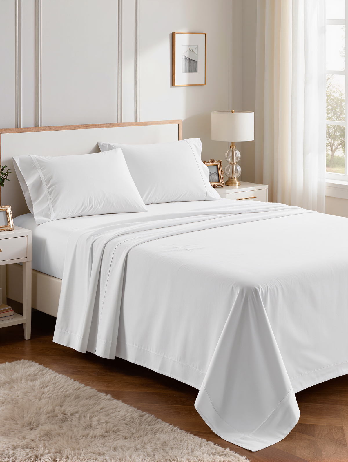 Le drap plat Douce Nuit installé sur un lit, vue d'ensemble