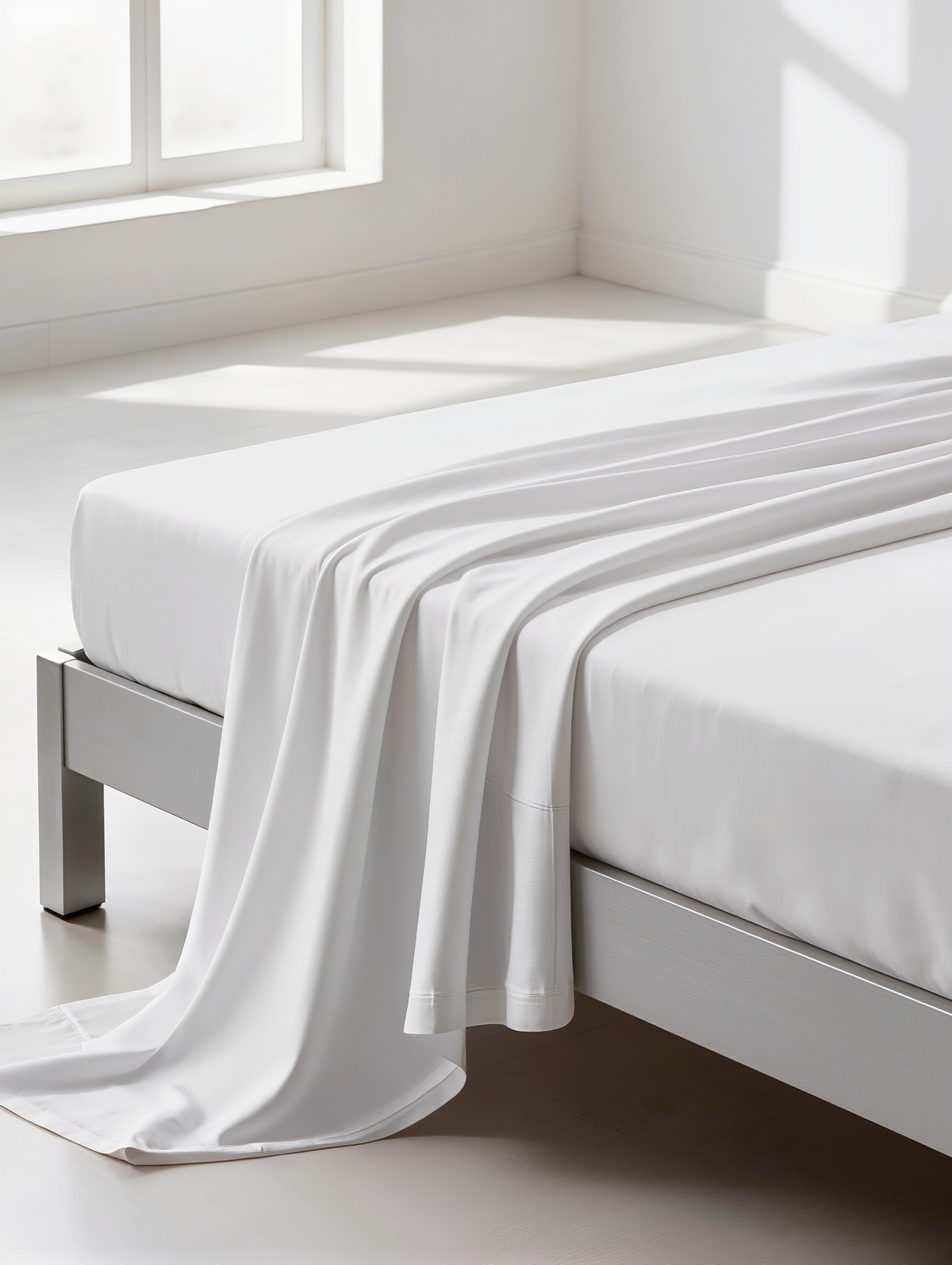 Le drap plat Douce Nuit drapé sur un lit, texture du tissu