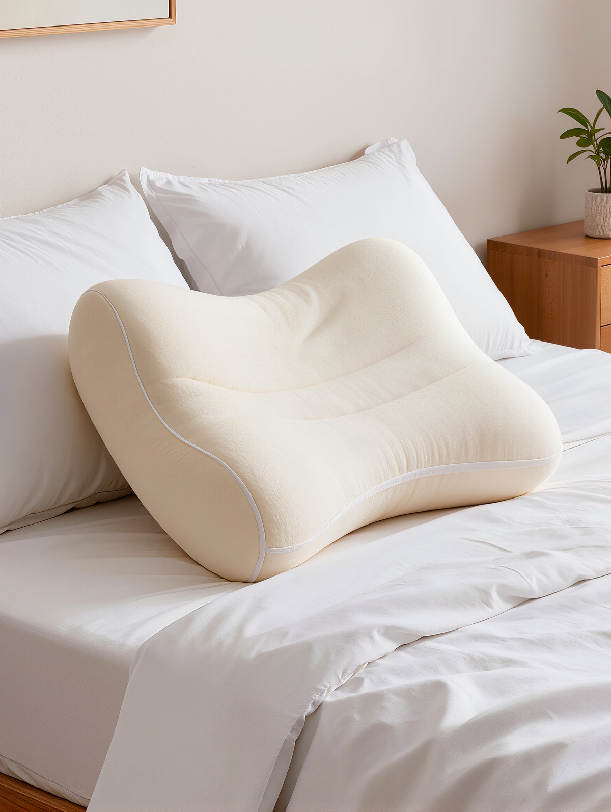 L'oreiller cervical Douce Nuit sur un lit avec table de chevet en bois