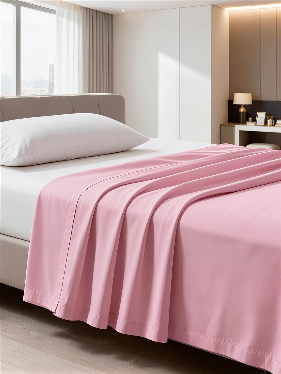 Le drap plat Douce Nuit en rose, posé sur un lit