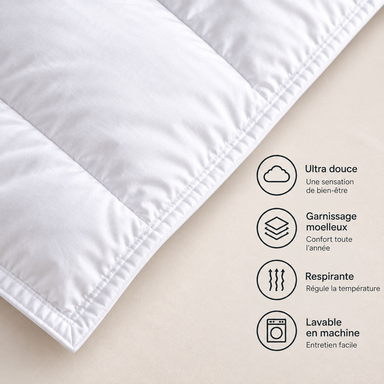 Détail du piquage de la couette Douce Nuit avec ses points forts : ultra douce, garnissage moelleux, respirante, lavable en machine